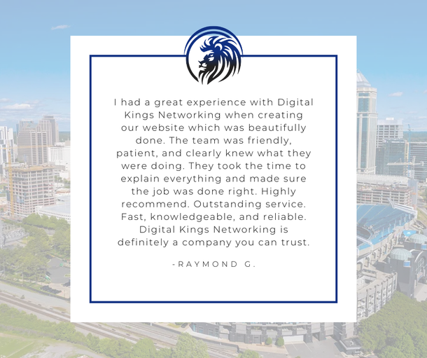 top seo company charlotte nc White testimonial card on a blue cityscape background with a logo and text about Digital Kings Network.