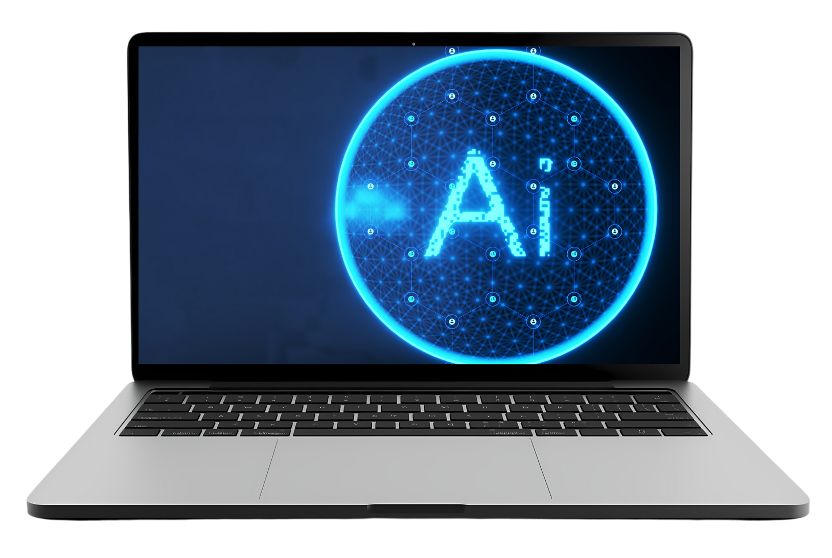 Silver laptop with glowing blue AI icon on the screen