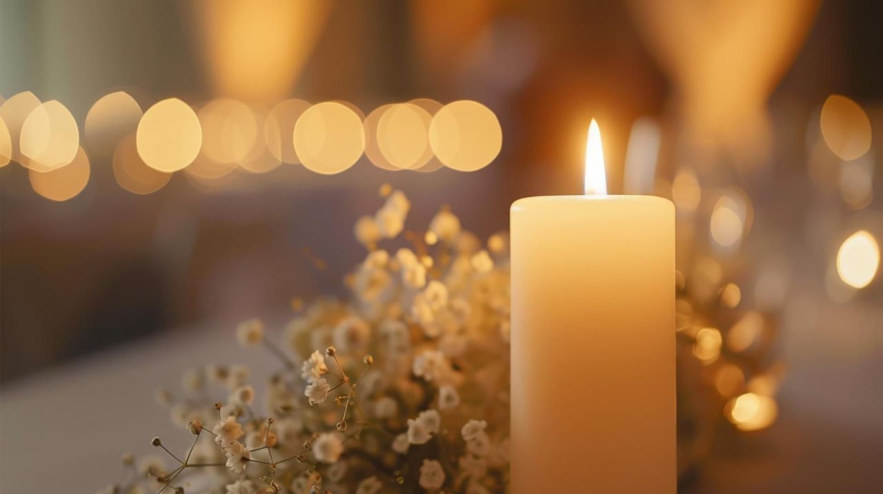 Lit candle with soft light, surrounded by blurry background bokeh and small white flowers.