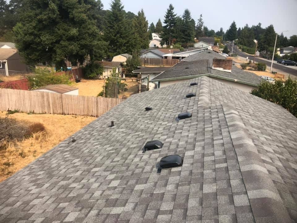 Gray shingled rooftop with vents, overlooking suburban houses and trees on a hillside