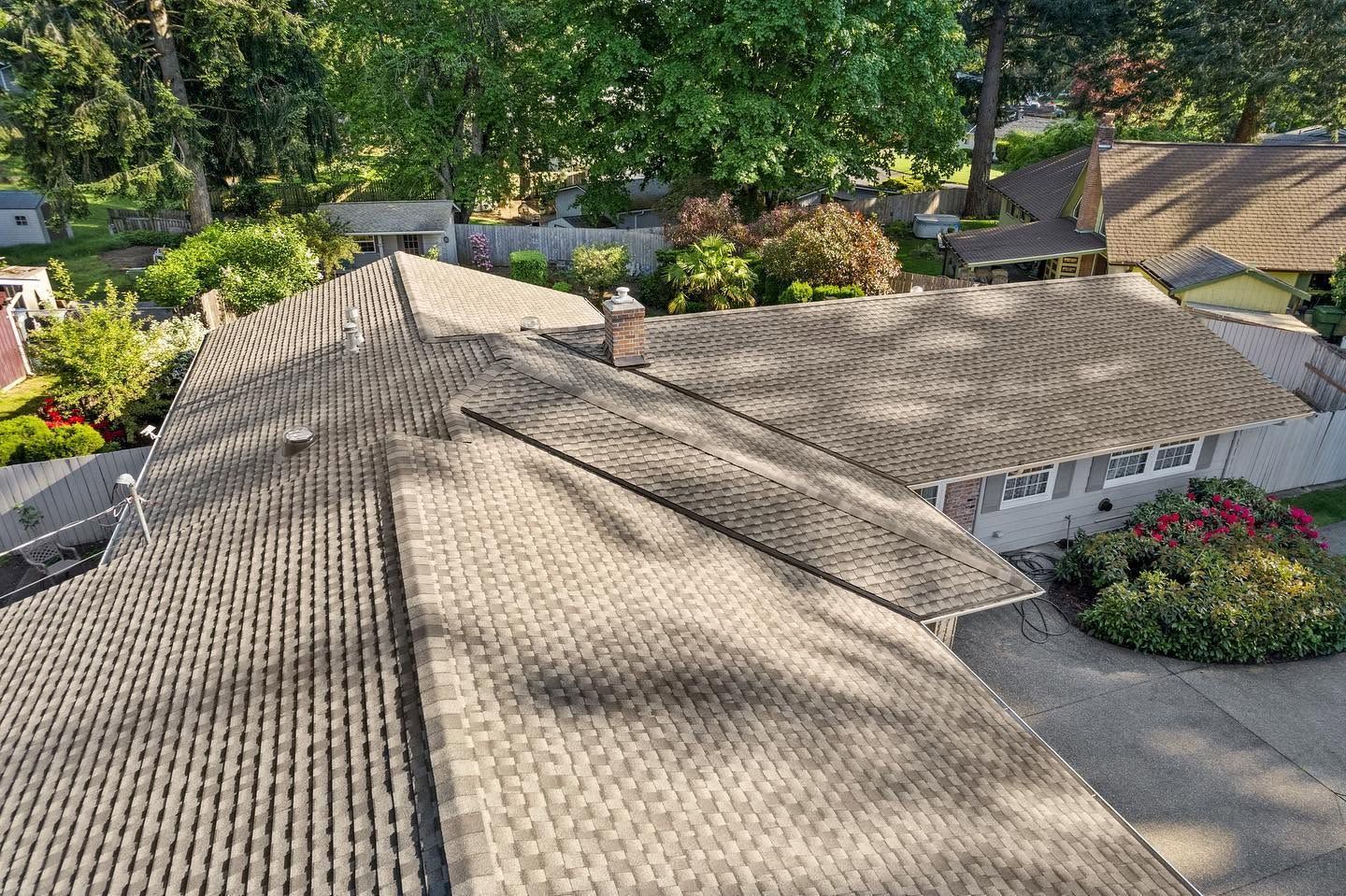 Roof with beige shingles and skylight, surrounded by green trees and landscaped garden in daylight