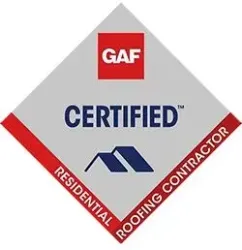 GAF Certified Residential Roofing Contractor logo in gray diamond with red and blue accents