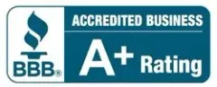 BBB Accredited Business A+ Rating logo on a teal and white banner