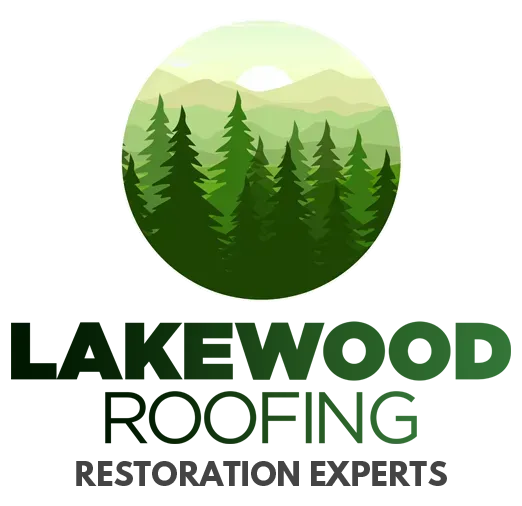 Lakewood Roofing logo with green pine trees and mountains, “Restoration Experts” text