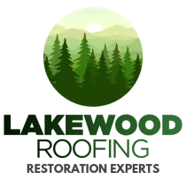 Lakewood Roofing logo with green pine trees and mountains, “Restoration Experts” text
