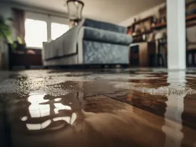 Flooded living room with water reflecting a sofa and shelves, viewed from floor level