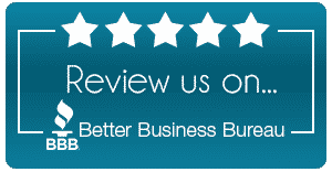 Blue BBB sign with five stars and “Review us on… Better Business Bureau” text