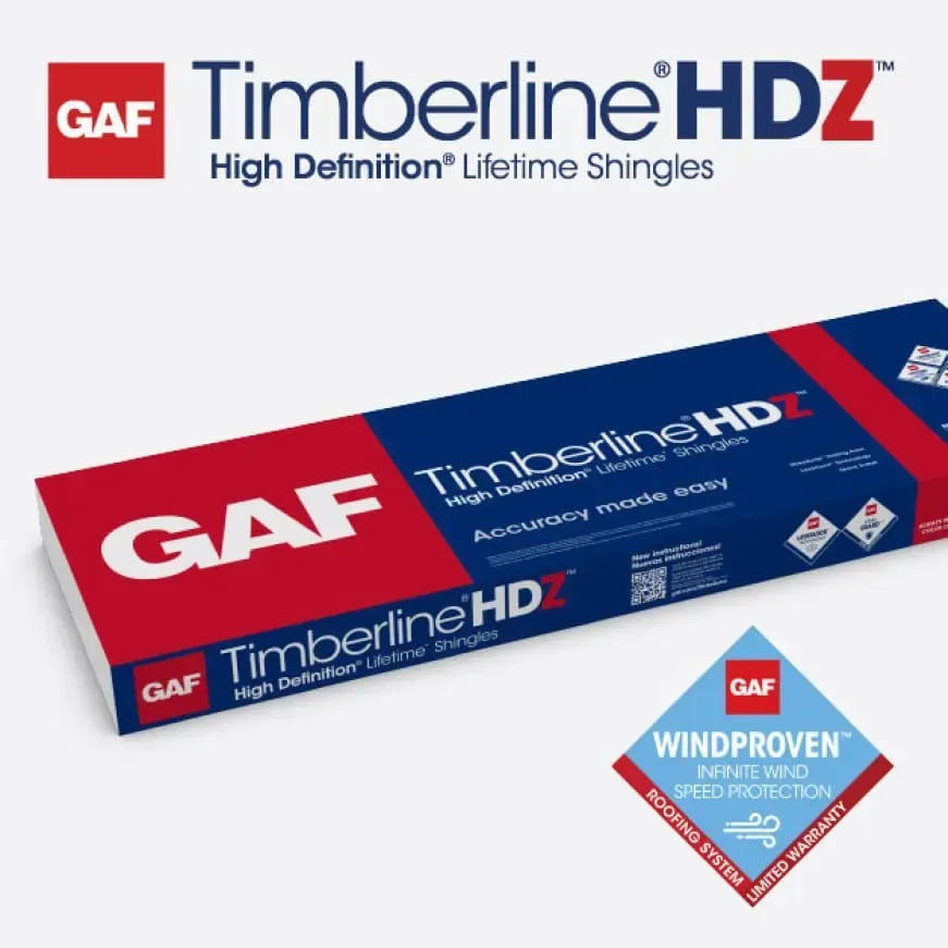 GAF Timberline HDZ asphalt shingles box and logo with windproven badge on a white background