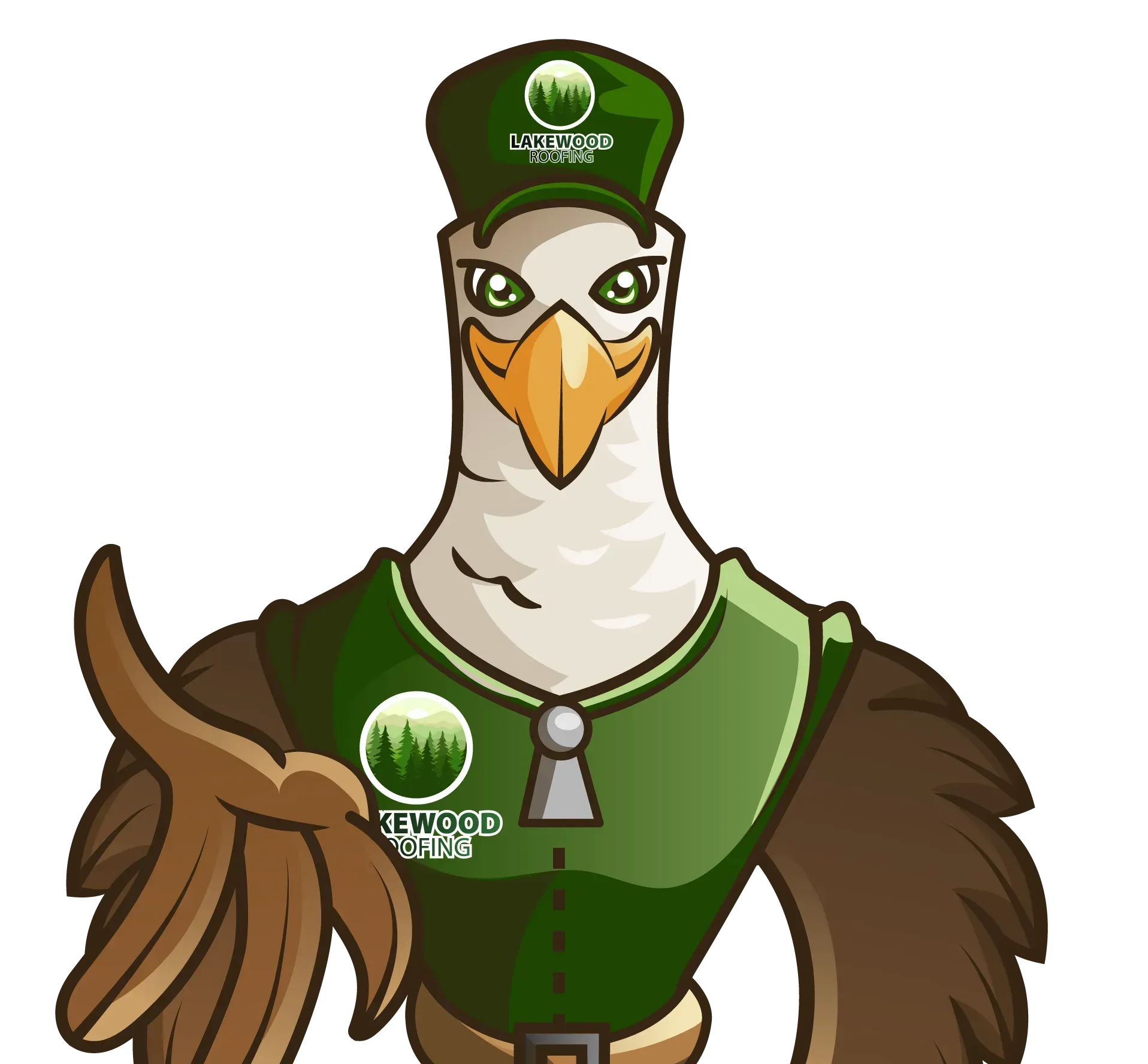 Cartoon bird mascot in a green hat and uniform that says 