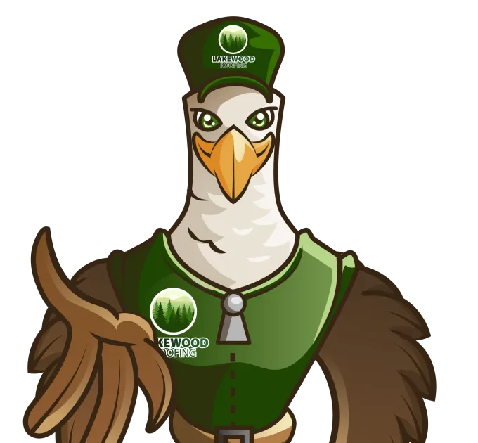 Cartoon eagle mascot in a green cap and jacket, facing forward with wings outstretched, Lakewood Roofing on his shirt