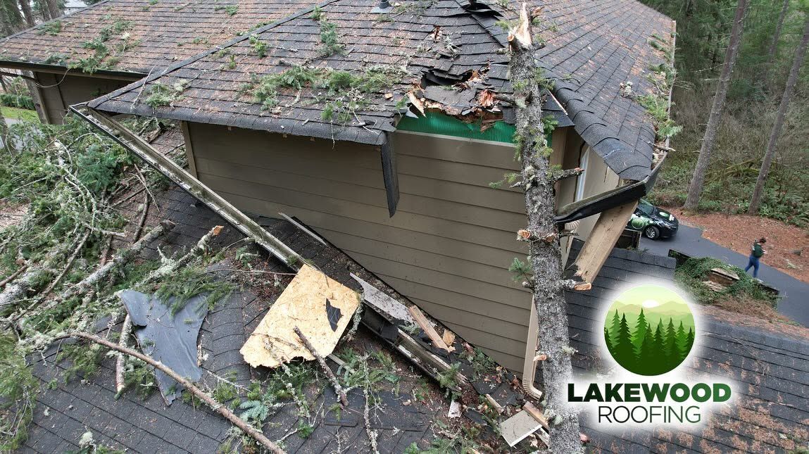 Severe storm damage to a house with collapsed roof and fallen tree