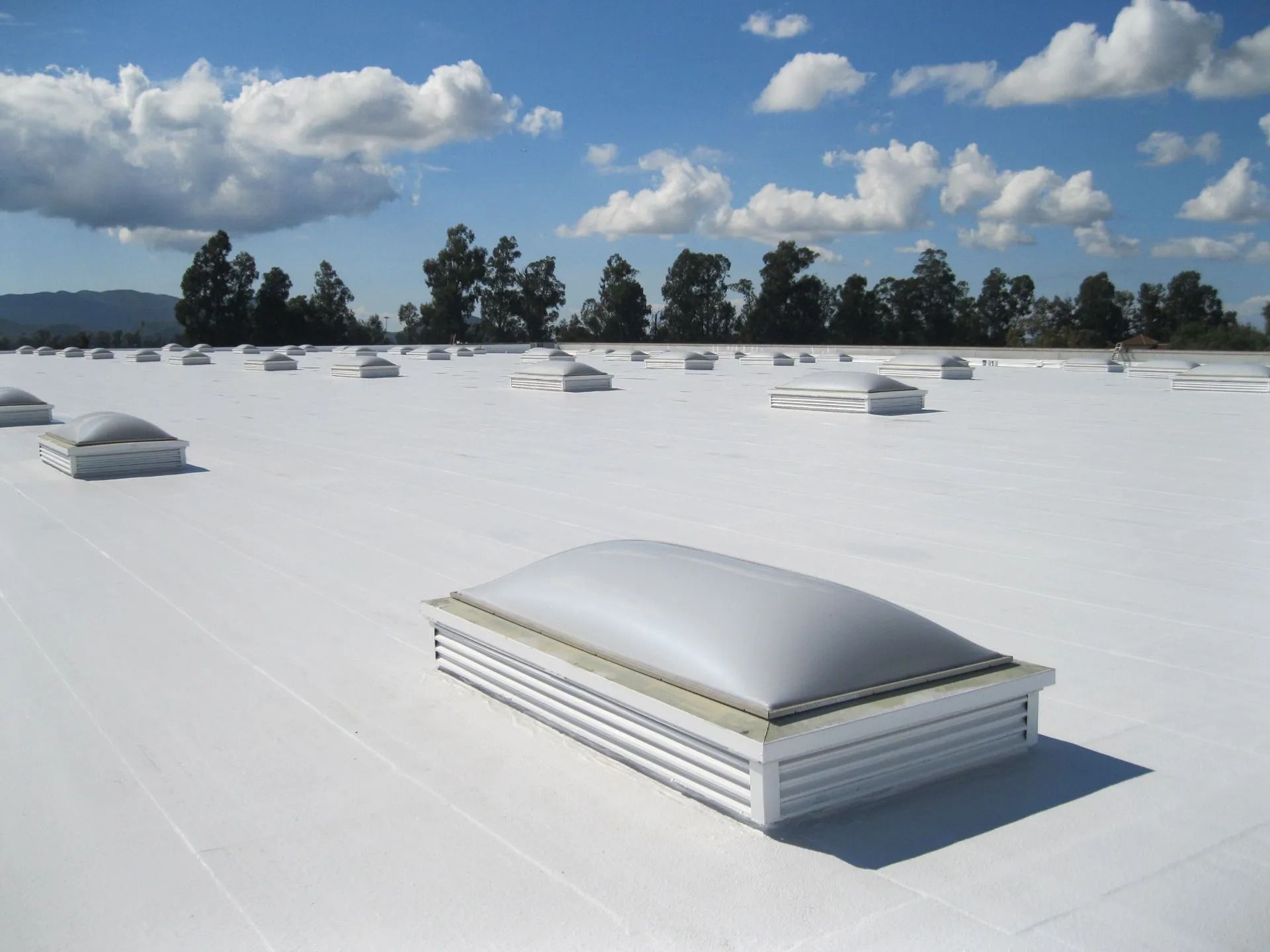 White flat rooftop with several skylights under a blue sky with scattered clouds