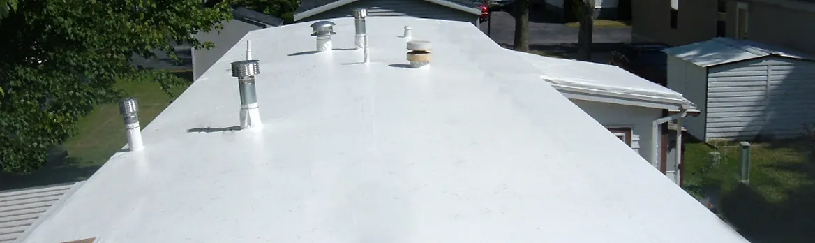 White rooftop with vents and a small satellite dish beside trees and nearby houses