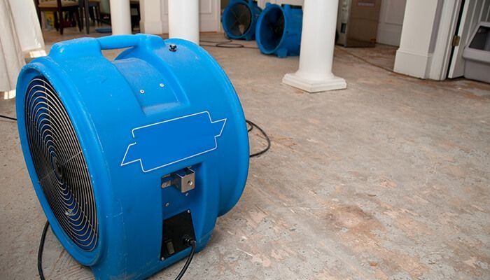 Blue industrial blower fan on a concrete floor in a workshop or garage.