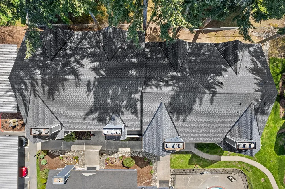 Aerial view of a gray-shingled house with a front walkway and surrounding trees.