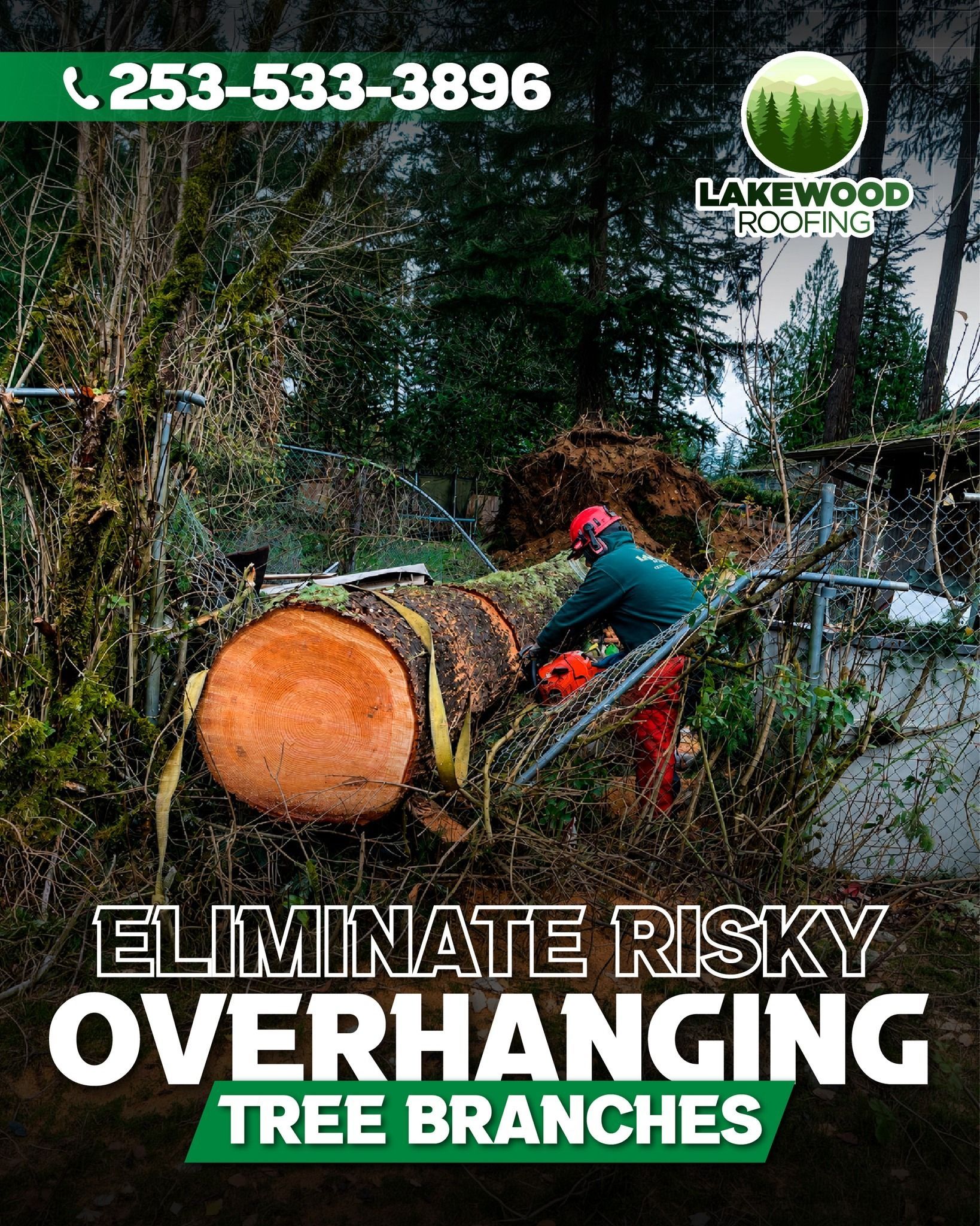 Worker cutting a large fallen tree trunk in a wooded yard; ad says “Eliminate risky overhanging tree branches.”