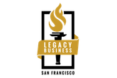 Legacy Business San Francisco logo with gold torch and black frame on white background