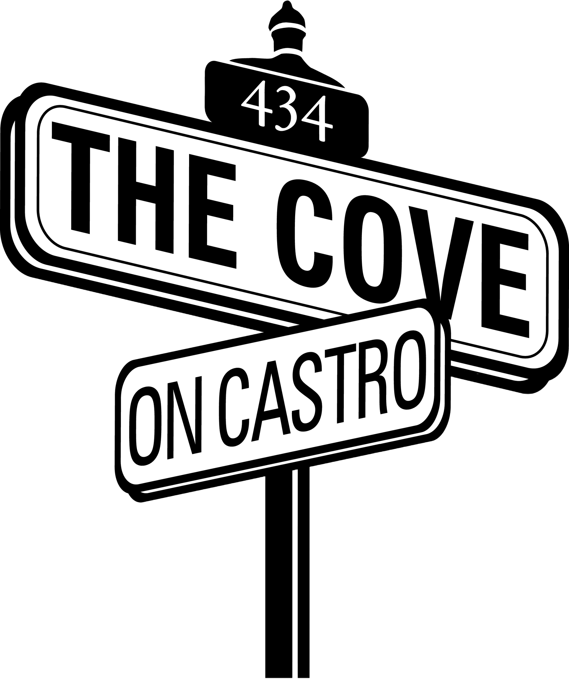 Street sign reading &ldquo;The Cove&rdquo; and &ldquo;On Castro&rdquo; with 434 above it, in black and white.