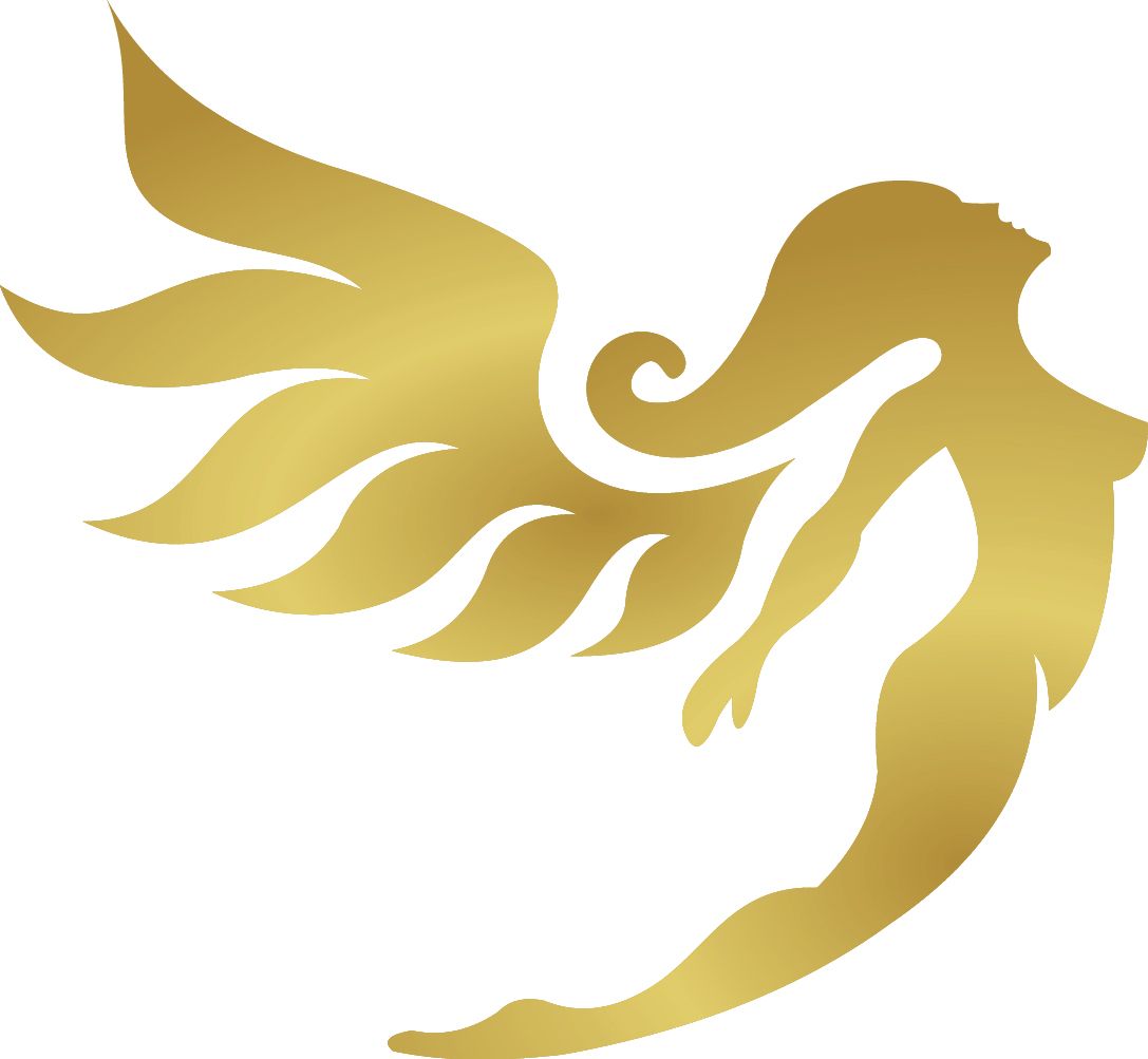 Une silhouette dorée d'une femme avec des ailes sur fond blanc