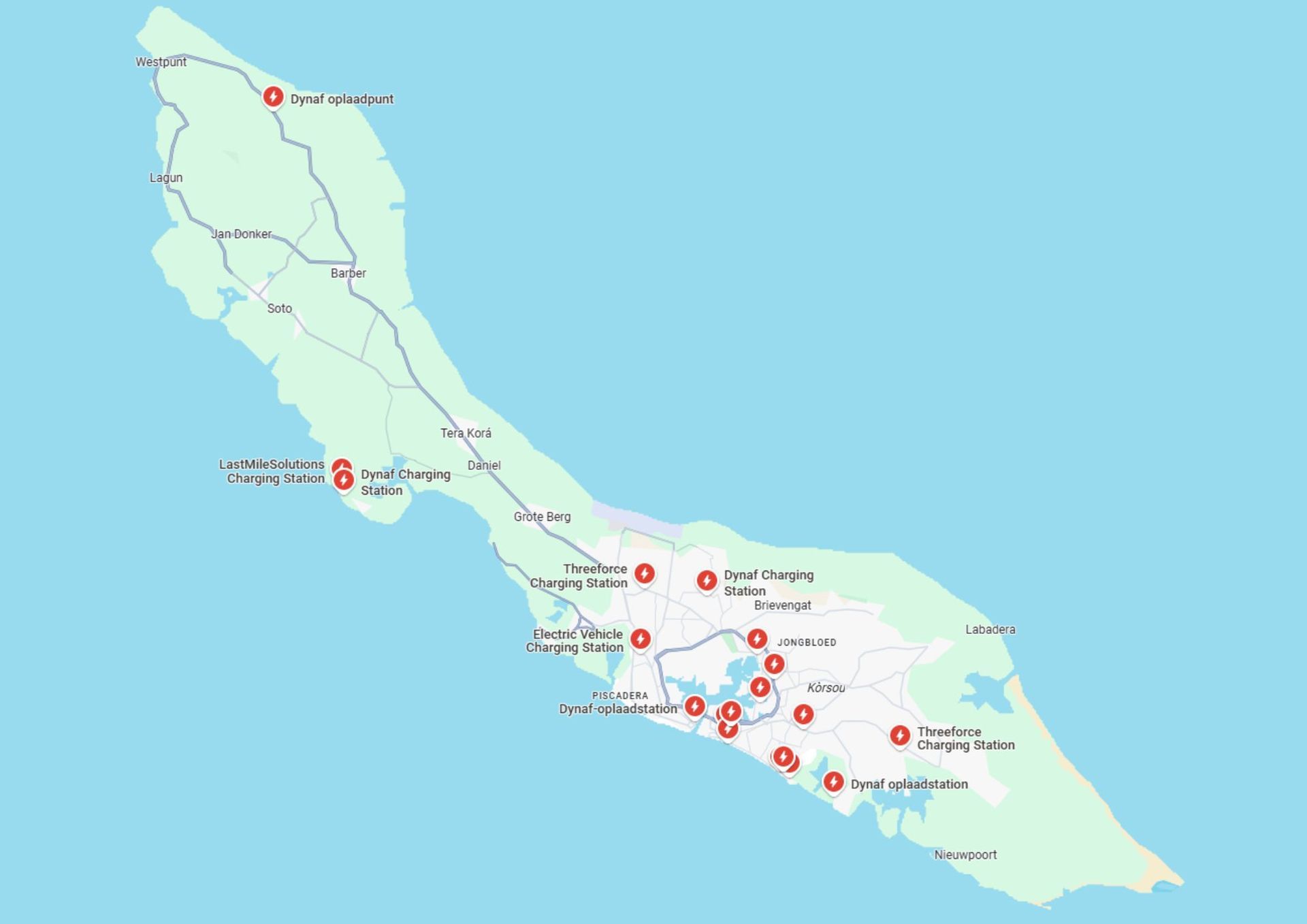 Laadstations Curacao plattegrond