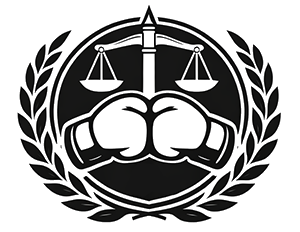 Scales of justice over boxing gloves, within a laurel wreath.