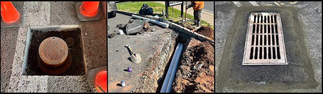 Storm drain and curbside drainage grates, with a small pipe and debris on pavement.