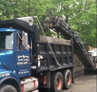 Blue garbage truck with raised conveyor loading debris on a tree-lined street