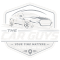 Logo for The Car Guys showing a car in a gray shield with the slogan &ldquo;Your time matters. We come to you.&rdquo;