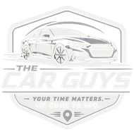 Logo for The Car Guys showing a car in a gray shield with the slogan &ldquo;Your time matters. We come to you.&rdquo;