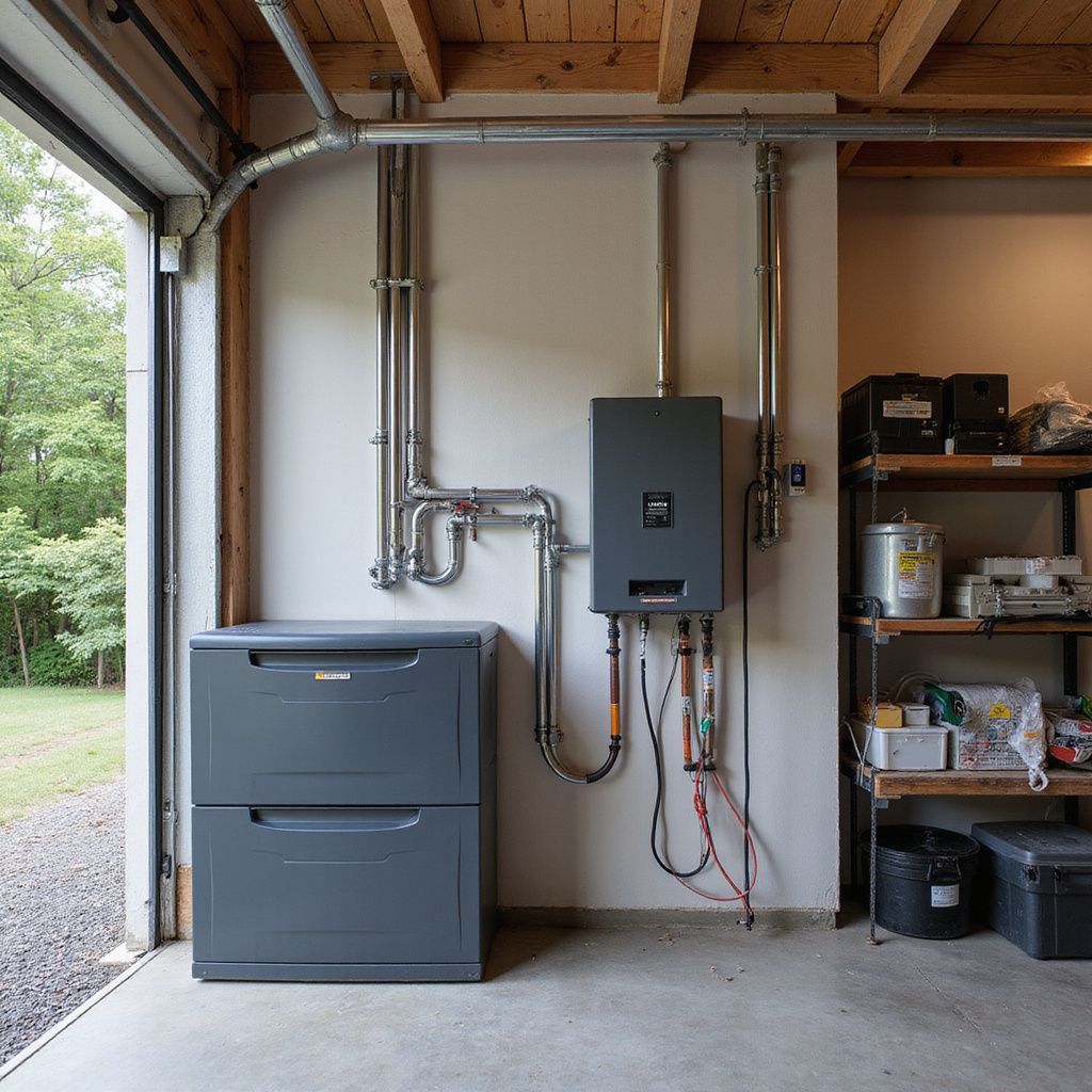 Een grijswaterboiler met opslagunit in een garage. Metalen leidingen en draden bevestigd aan de muur.
