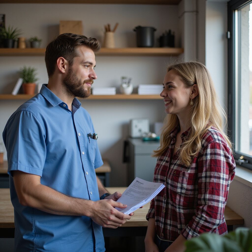 Een man in een blauw shirt en een vrouw in een geruit shirt kijken elkaar aan, terwijl de man papieren vasthoudt, in een felverlichte kamer.