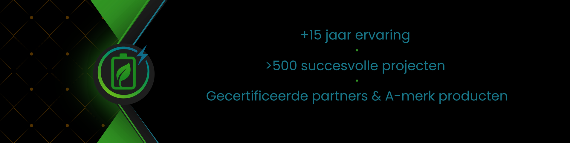 Green graphic with leaf icon, lists: +15 jaar ervaring, >1000 succesvolle projecten, gecertificeerde partners & A-merk producten.
