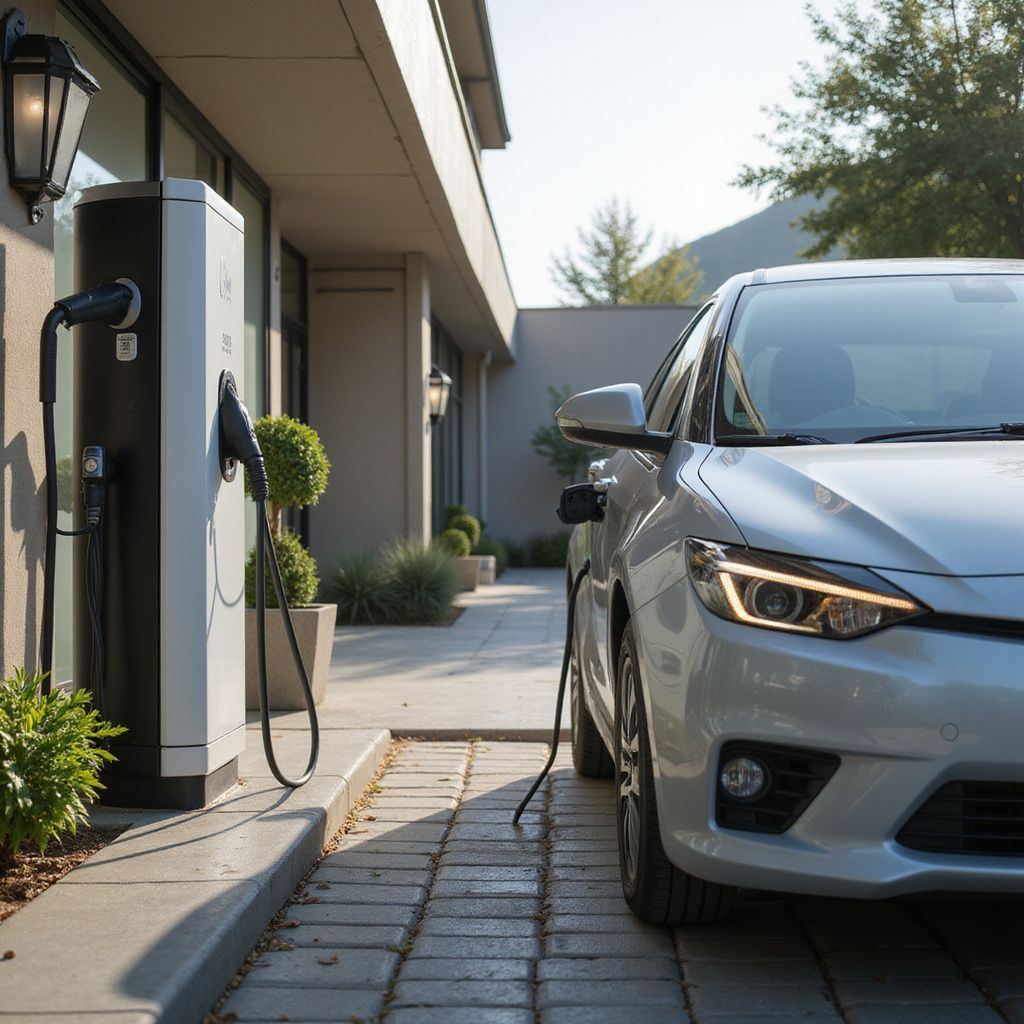 Een zilverkleurige elektrische auto wordt opgeladen bij een laadstation thuis op een stenen oprit.