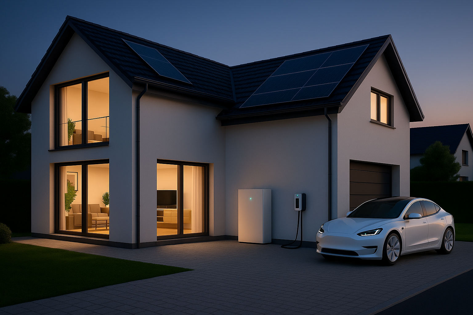 Moderna huis bij schemering met zonnepanelen, laadpaal voor elektrische auto's en een elektrische auto van Sigenergy
