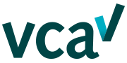Logo voor VCA, met turquoise letters en een turquoise vinkje.