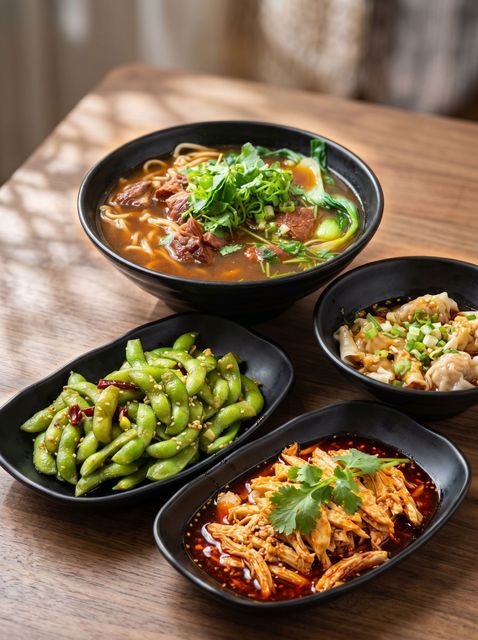 Assorted Asian dishes on a wooden table, including soup, edamame, and rice bowls, garnished with herbs