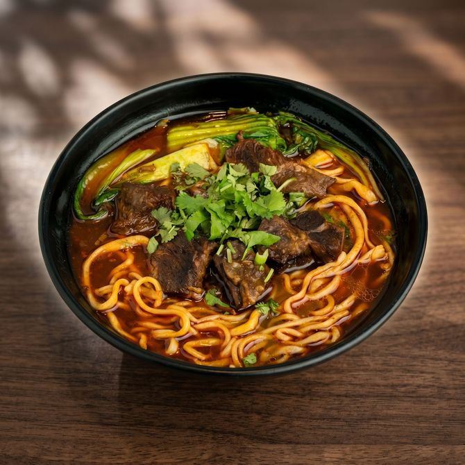 Bowl of noodle soup with beef, greens, and herbs on a wooden table