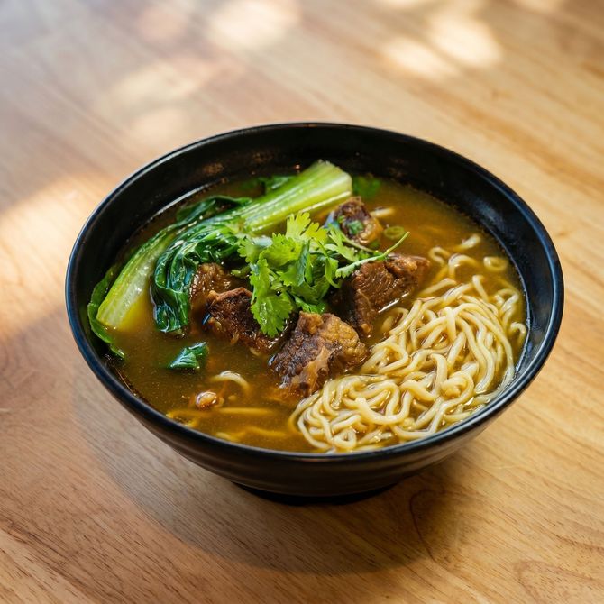 Black bowl of noodle soup with greens and beef on a wooden table