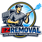 EZ Removal logo with worker holding pressure washer, blue water spray, and truck icon; junk removal and pressure washing