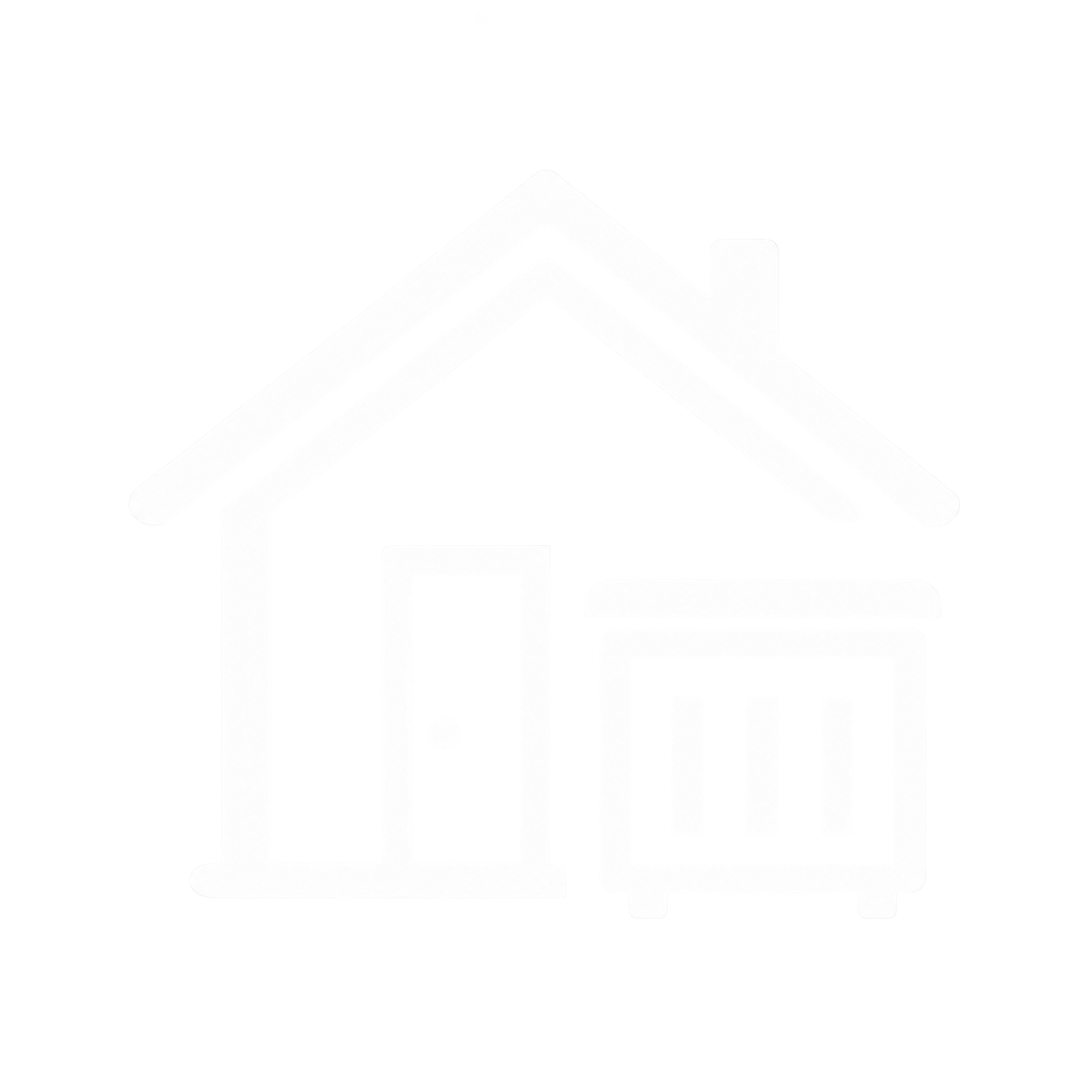 Faint outline of a house icon with roof and garage on a white background
