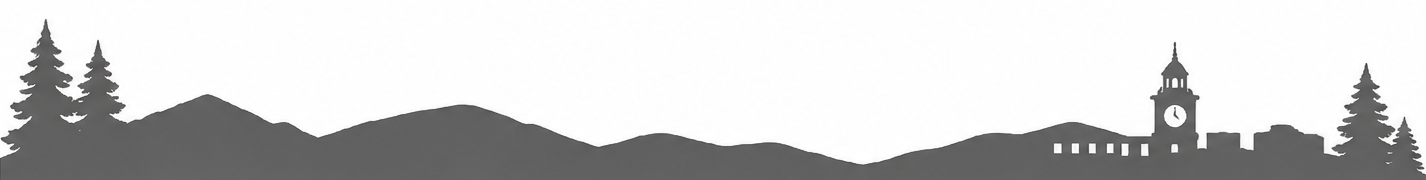 Silhouette of pine trees and a small church steeple along a horizon at dusk