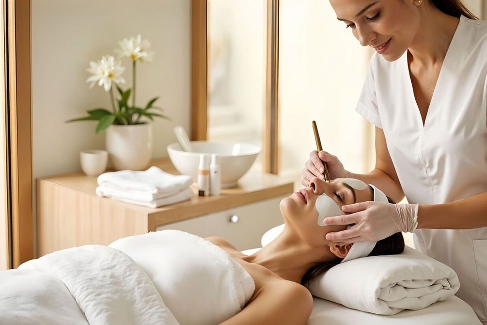 Een spa-therapeut voert een gezichtsbehandeling uit bij een cliënt die op een massagetafel ligt in een lichte behandelkamer.