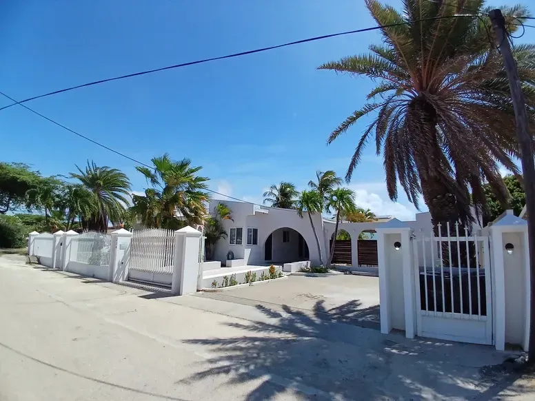 A white house with palm trees in front of it