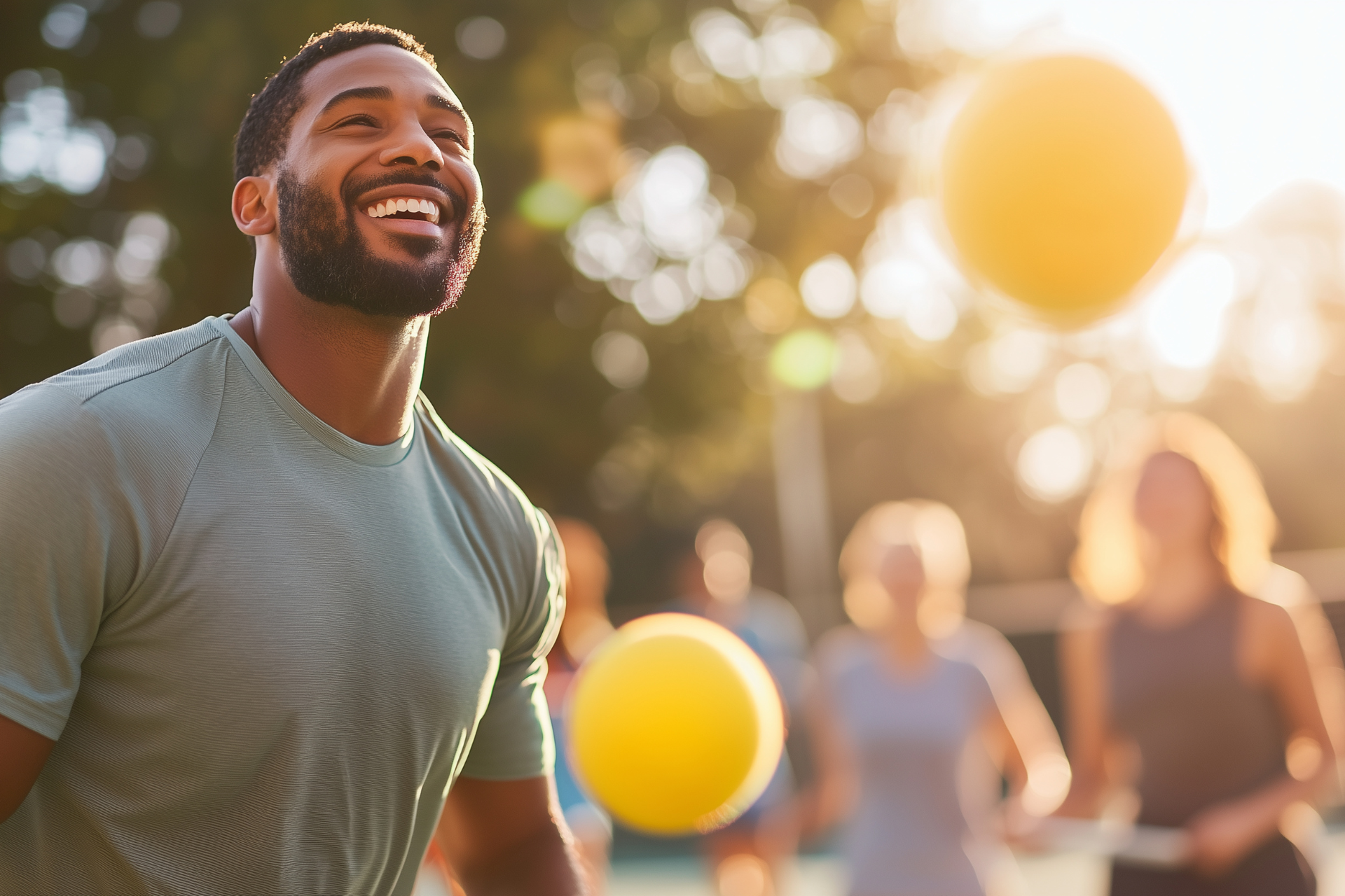 A man is playing volleyball with a group of people in a park.