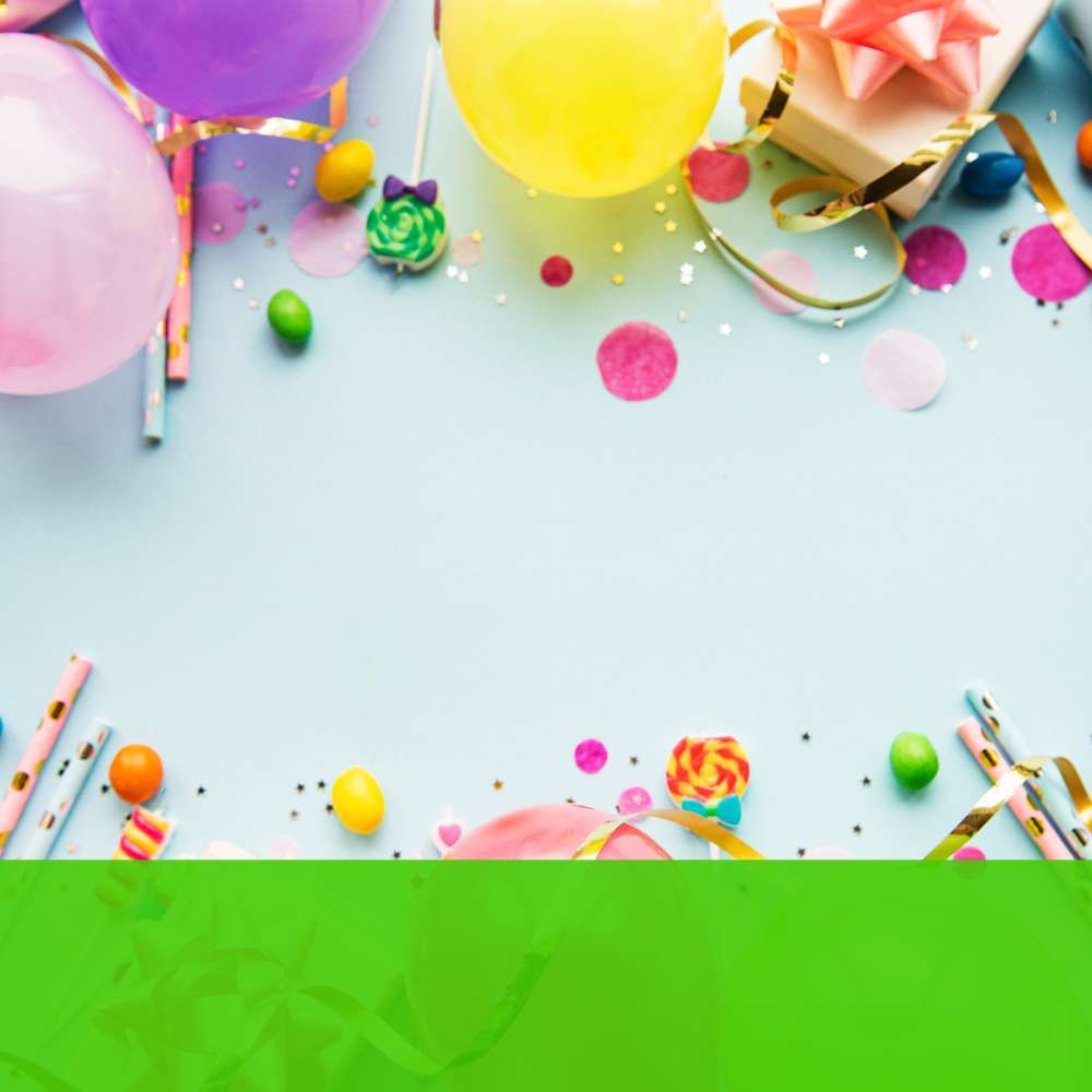 a blue background with balloons candy and a green border
