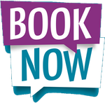 a purple and blue sign that says book now