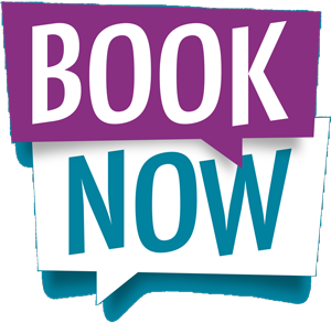 a purple and blue sign that says book now