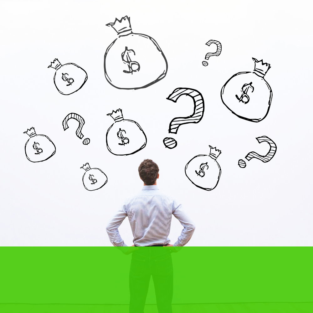 a man stands in front of a wall with money bags and question marks drawn on it