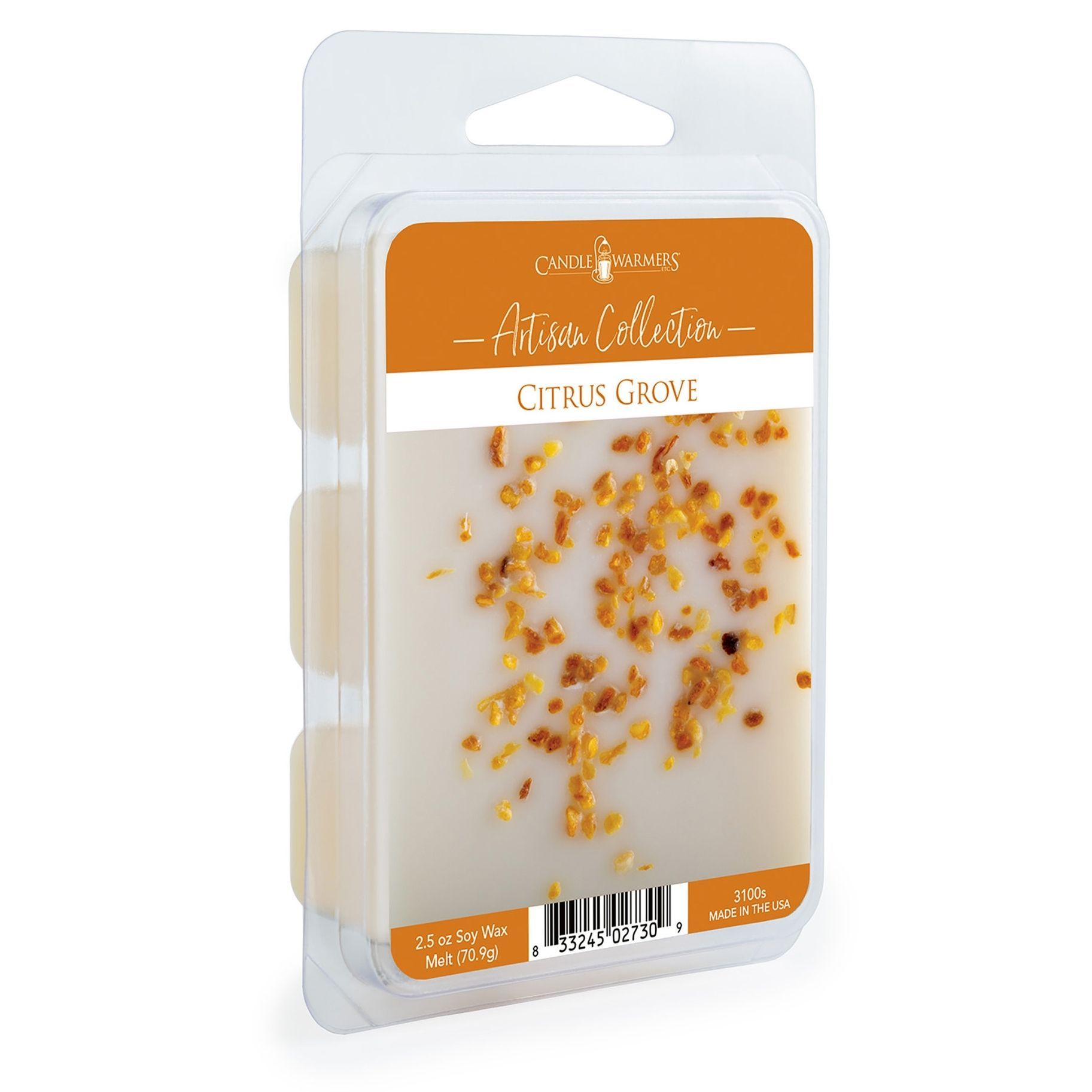 A container of citrus grove wax melts in a plastic container