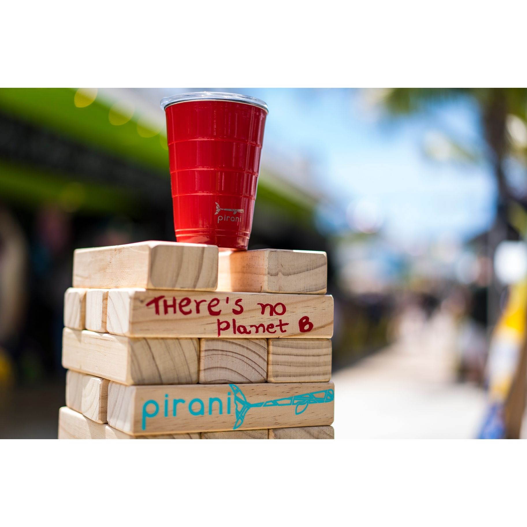 A red cup is sitting on top of a stack of wooden blocks that say there 's no planet b